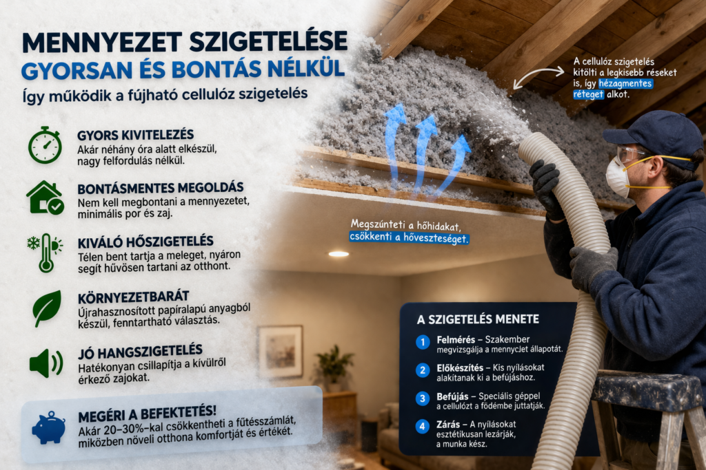 mennyezet szigetelése, cellulóz hőszigetelés